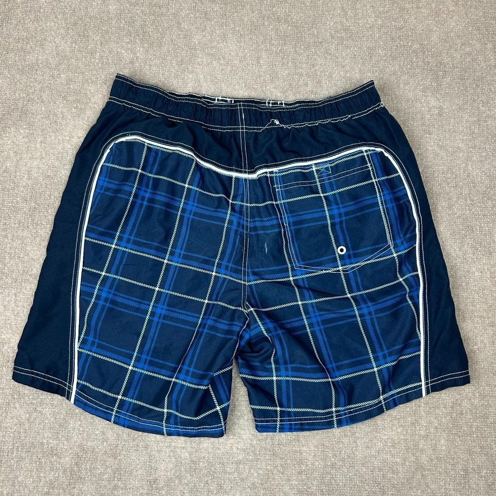 Ocean Pacific Swim Trunks Shorts Mens Large Navy Blue Plaid Mesh Lined Surfing